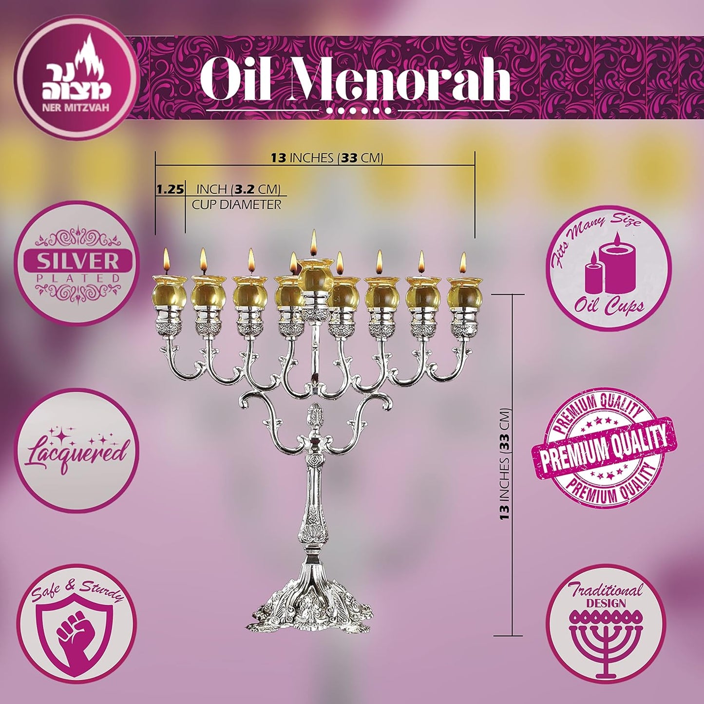Janukia 9 brazos Oil Menorah para vasos Mod. 30219