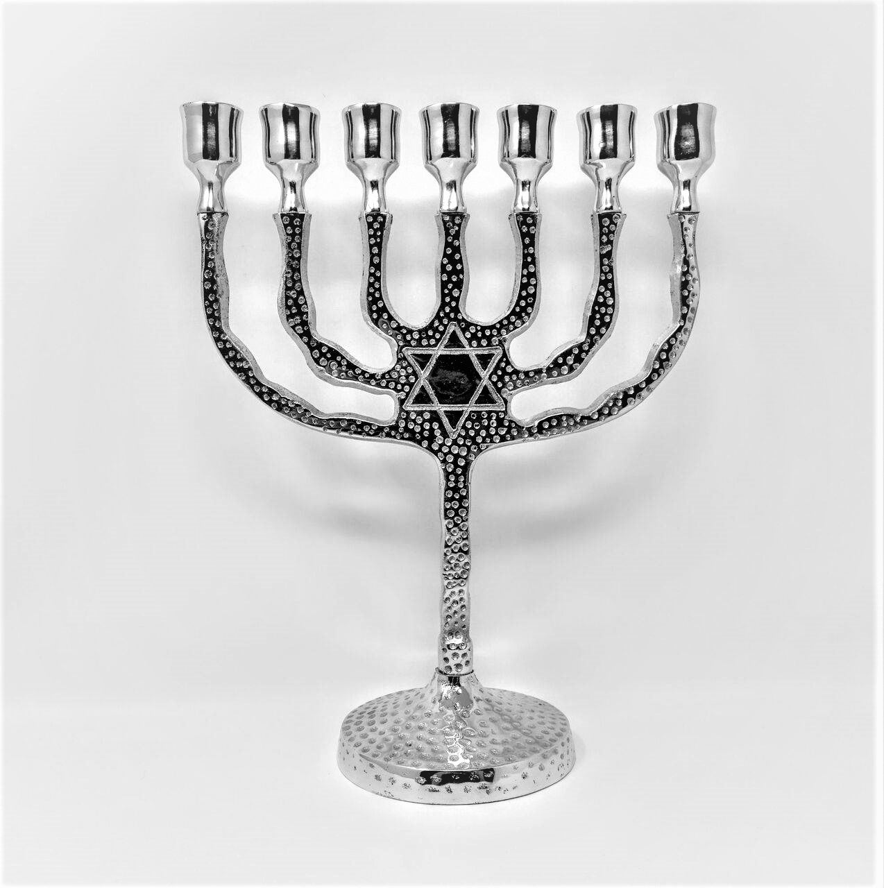 Menora 7 brazos de pewter martillada con maguen 17806