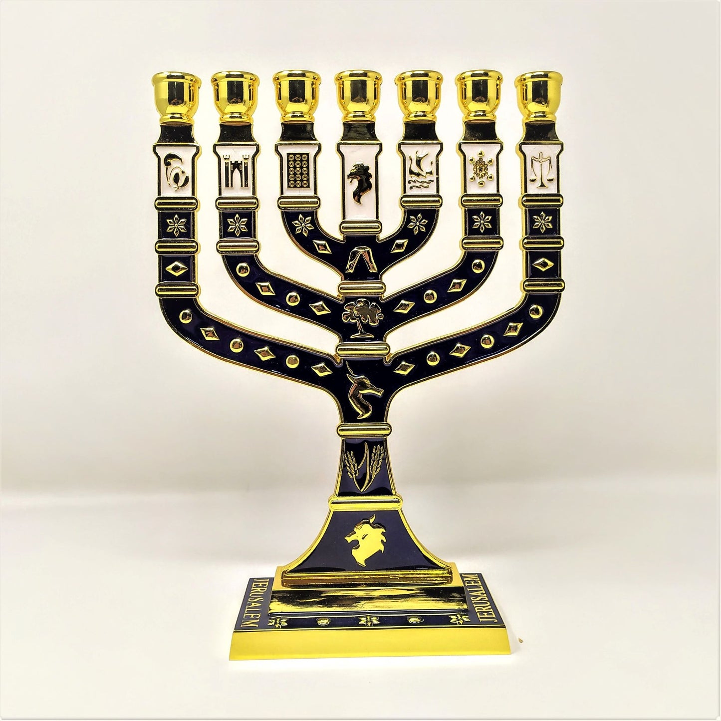 Menora 7 brazos 12 tribus Tiferet Yerushalaim 27 cm azul dorado 96143