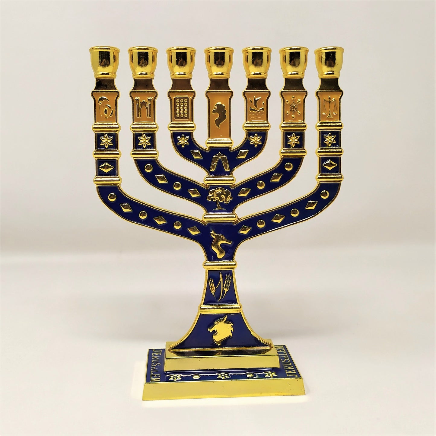 Menora 7 brazos Tiferet Yerushalaim 18 cm azul dorado 96145