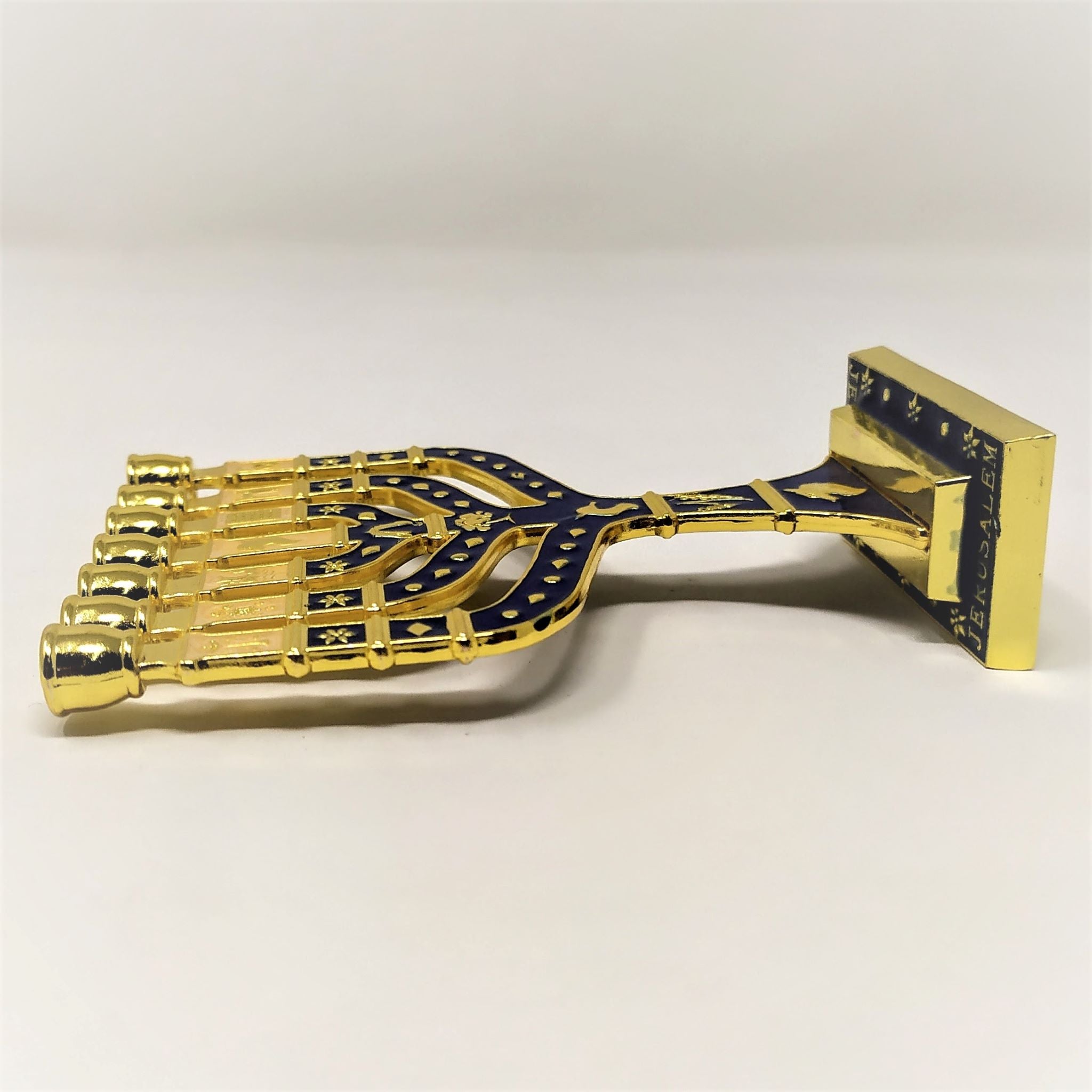 Menora 7 brazos Tiferet Yerushalaim 18 cm azul dorado 96145