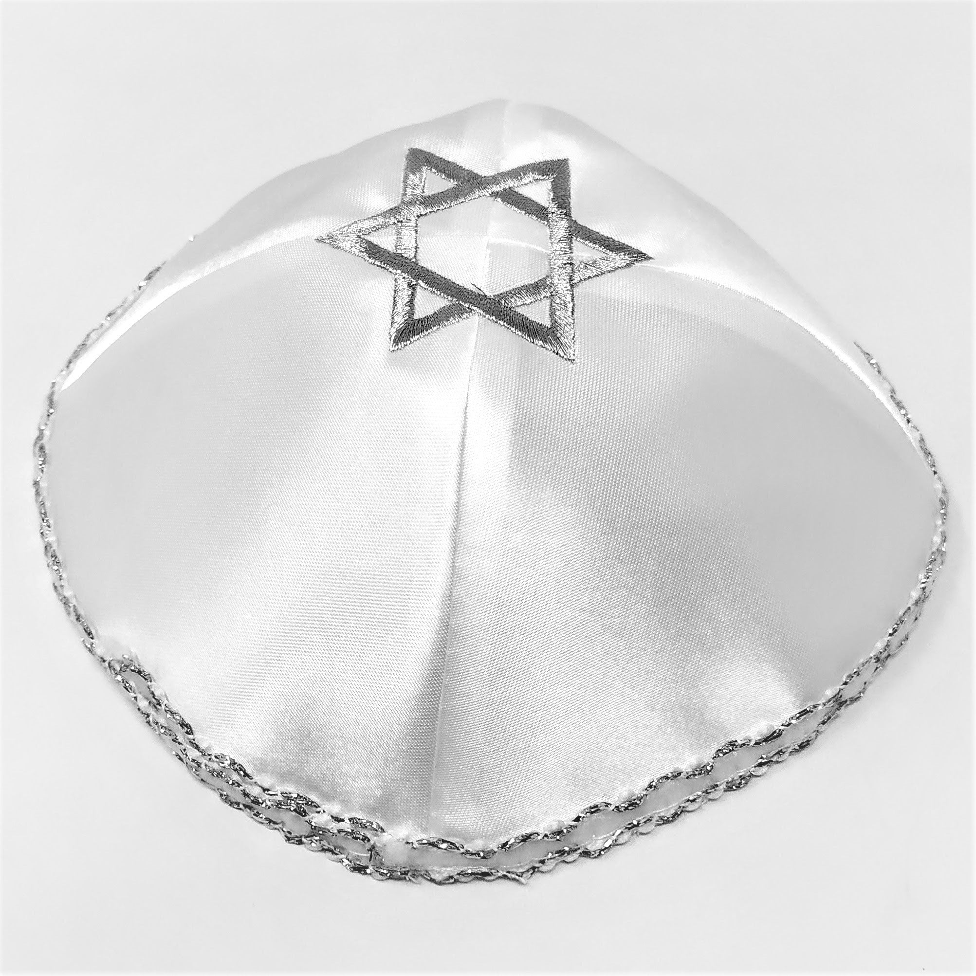 white satin yarmulke with silver magen david 11172