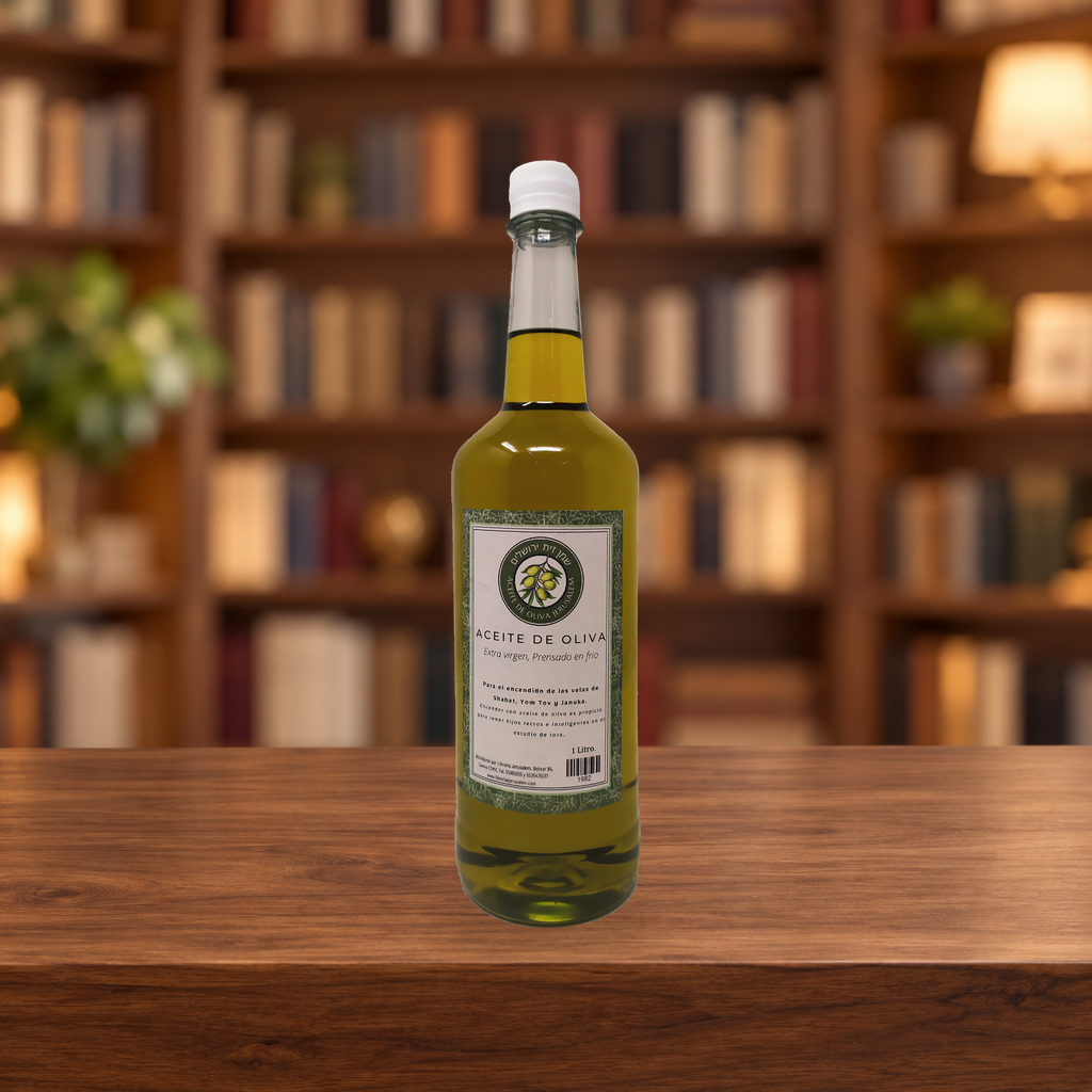 Aceite de Oliva Jerusalem 1 Litro — ambientación en biblioteca