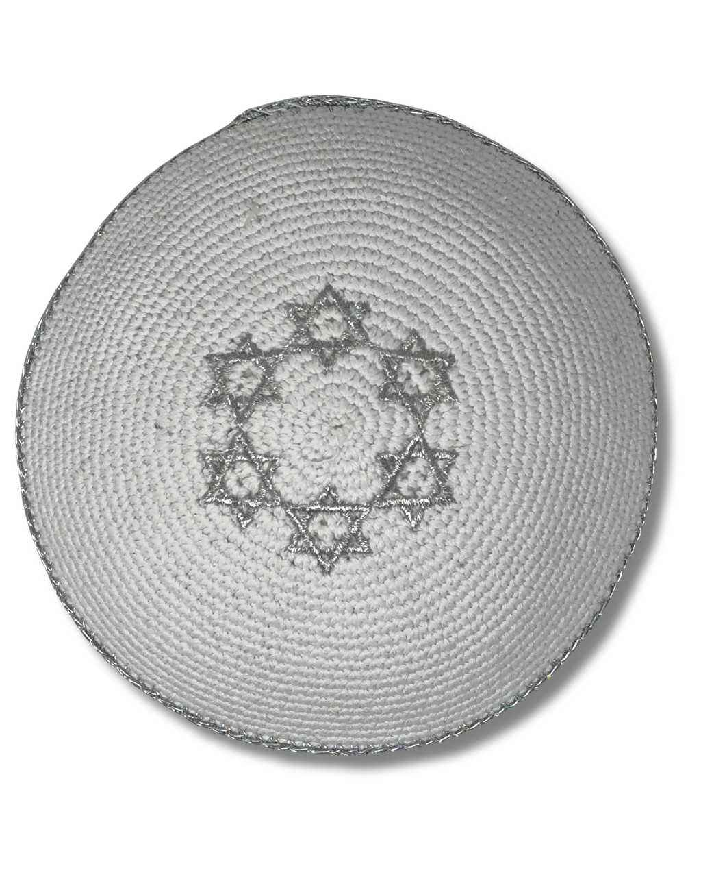 Kipá Tejida Blanca con Bordado Plateado de Maguén David – 16 cm, 16457