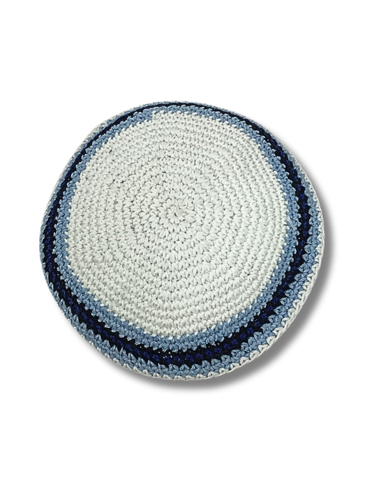 White woven kippah with blue and black edges 17209