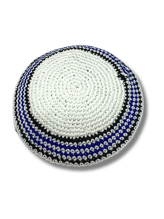 White woven kipa with blue and black border 17211 