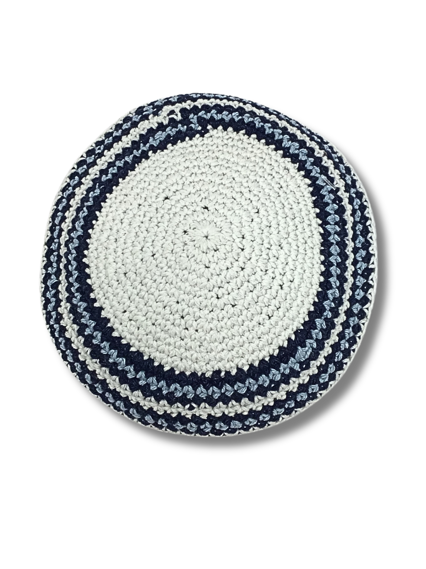 White woven kipa with sky blue and navy blue trim 17213