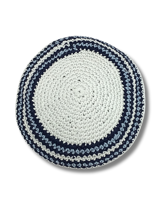 White woven kipa with sky blue and navy blue trim 17213