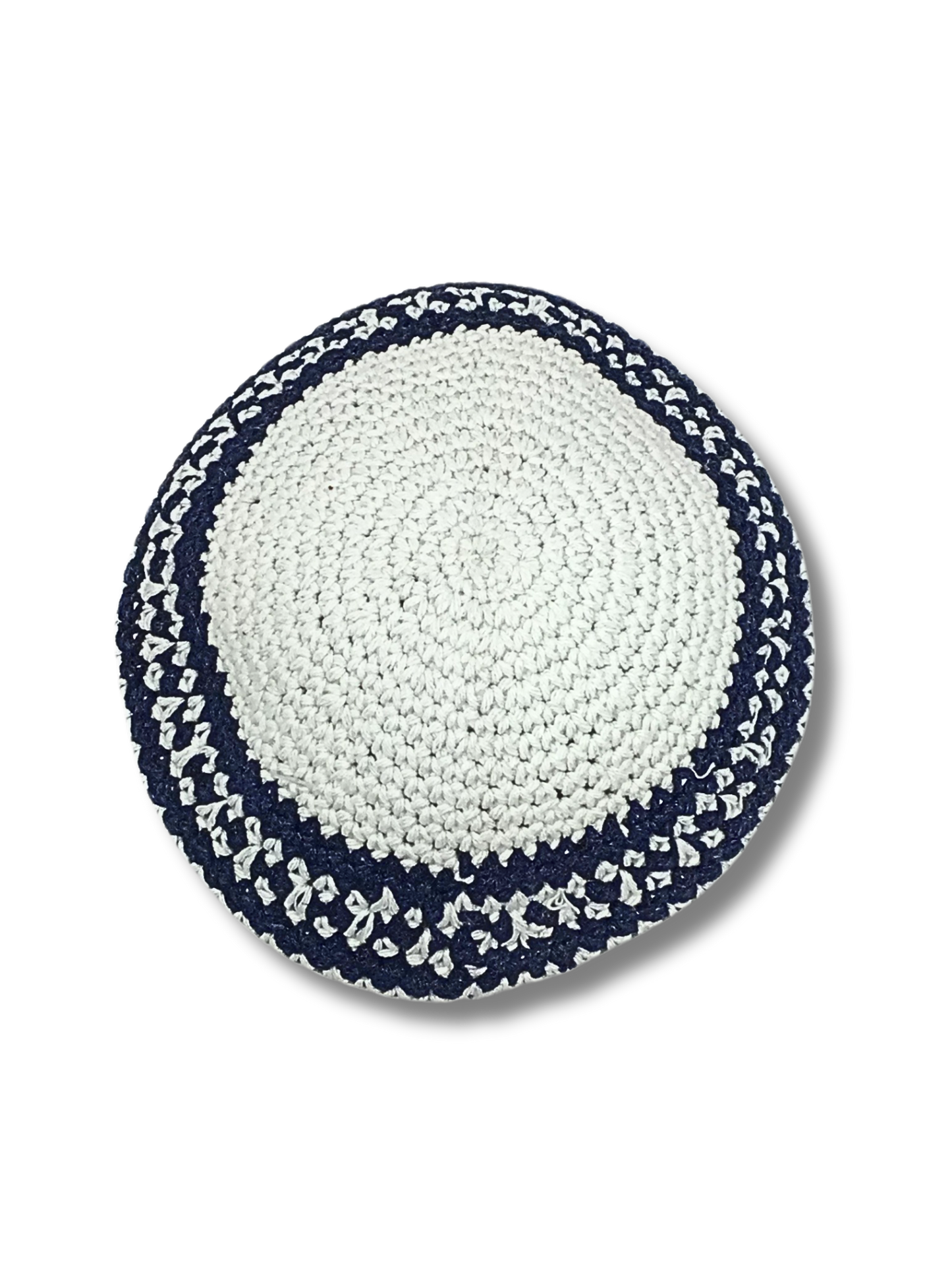 White woven kipa with navy blue trim 17215