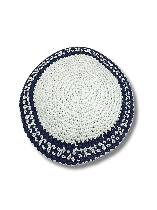 White woven kipa with navy blue trim 17215