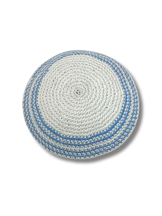 White woven kipa with light blue border 17217