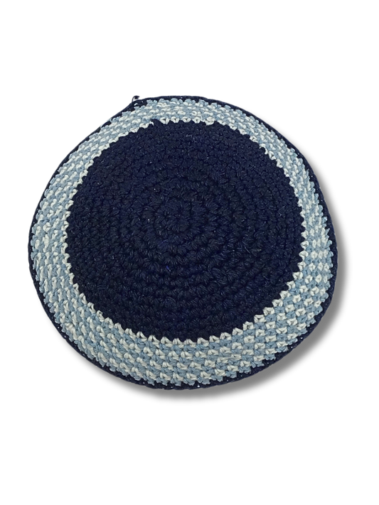 Blue woven kipa with light blue and white border 17234