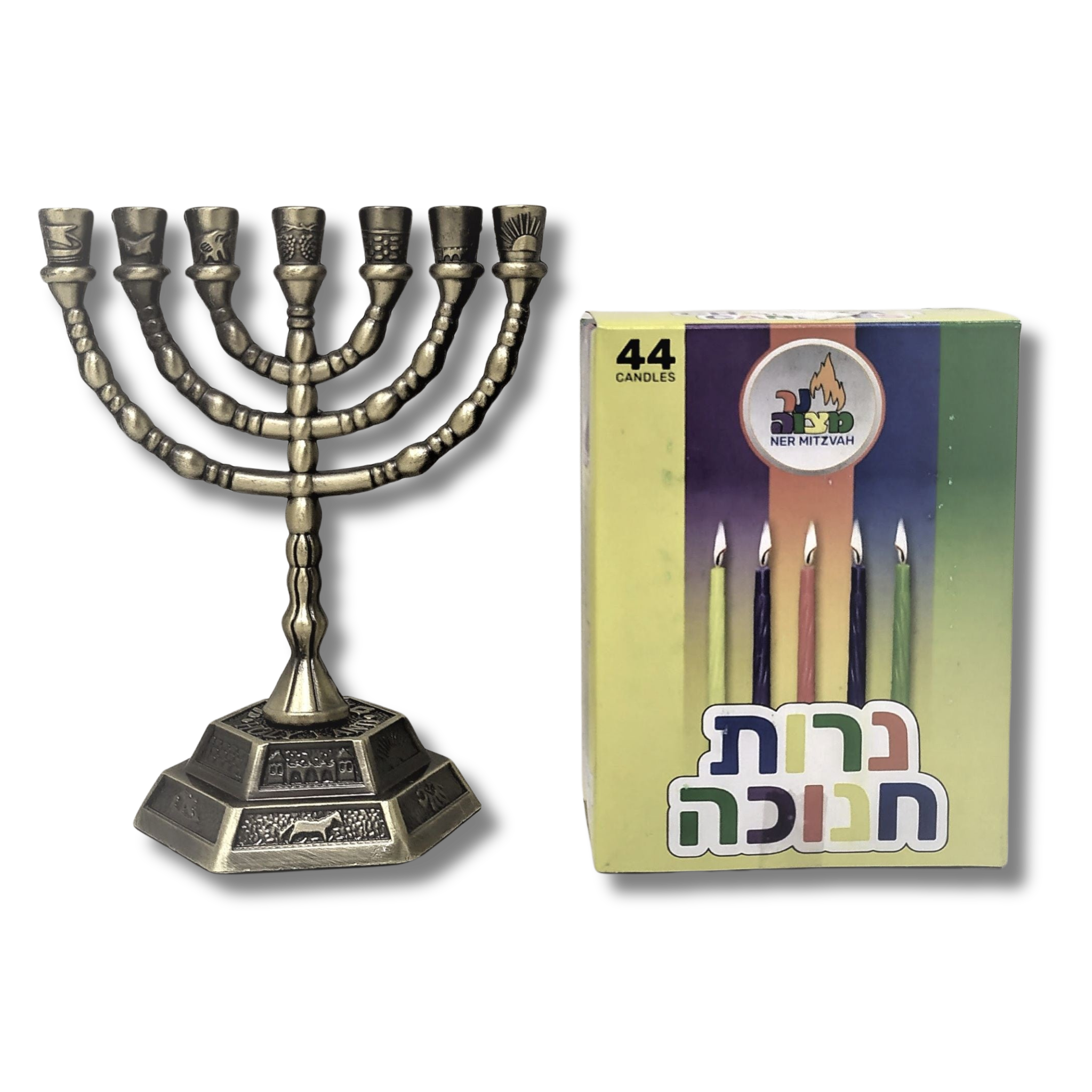 Menora set 12 Matte gold Tribes 13 cm with candles