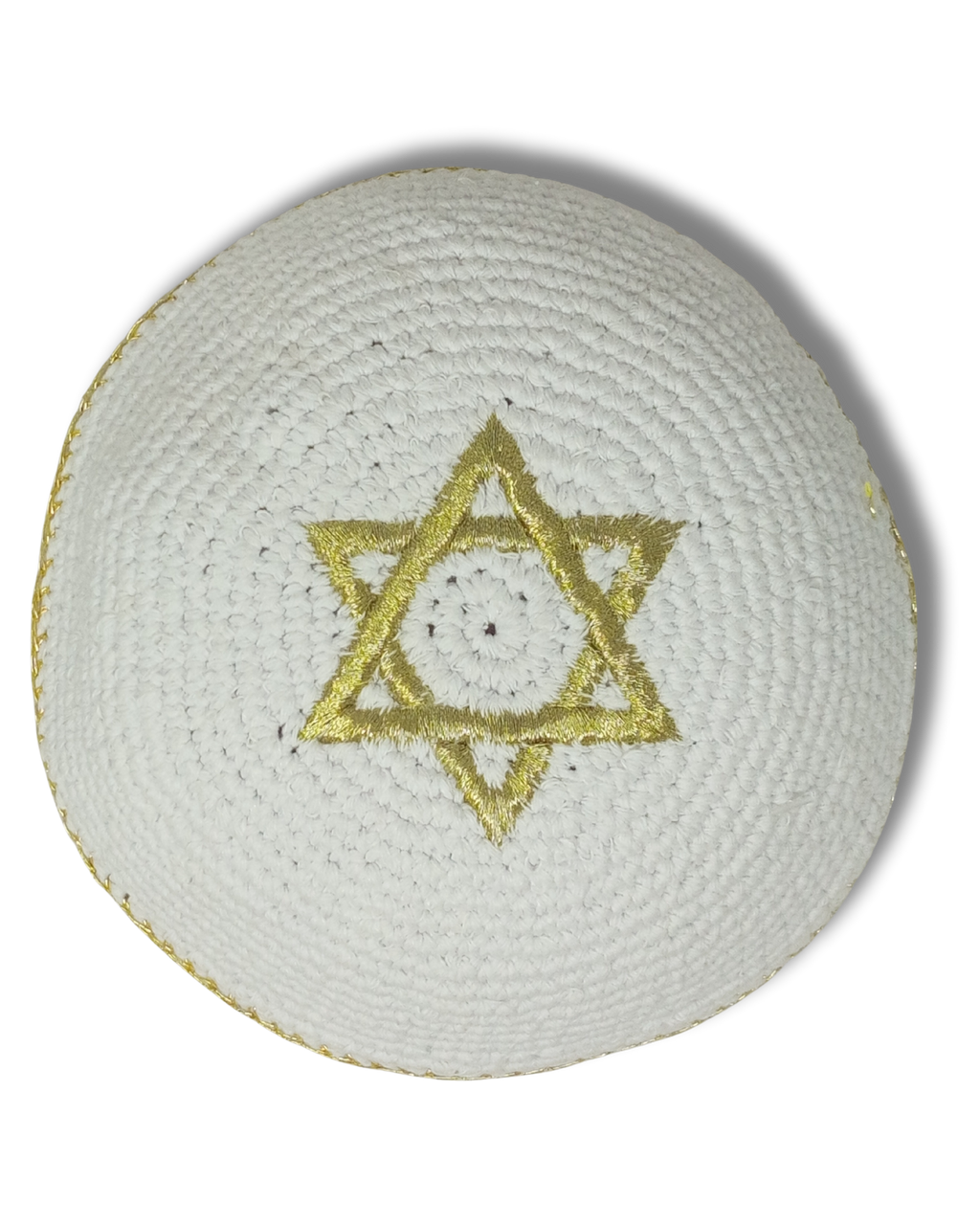 Kipá Tejida Blanca con Bordado Dorado de Maguén David – 16 cm, 16343