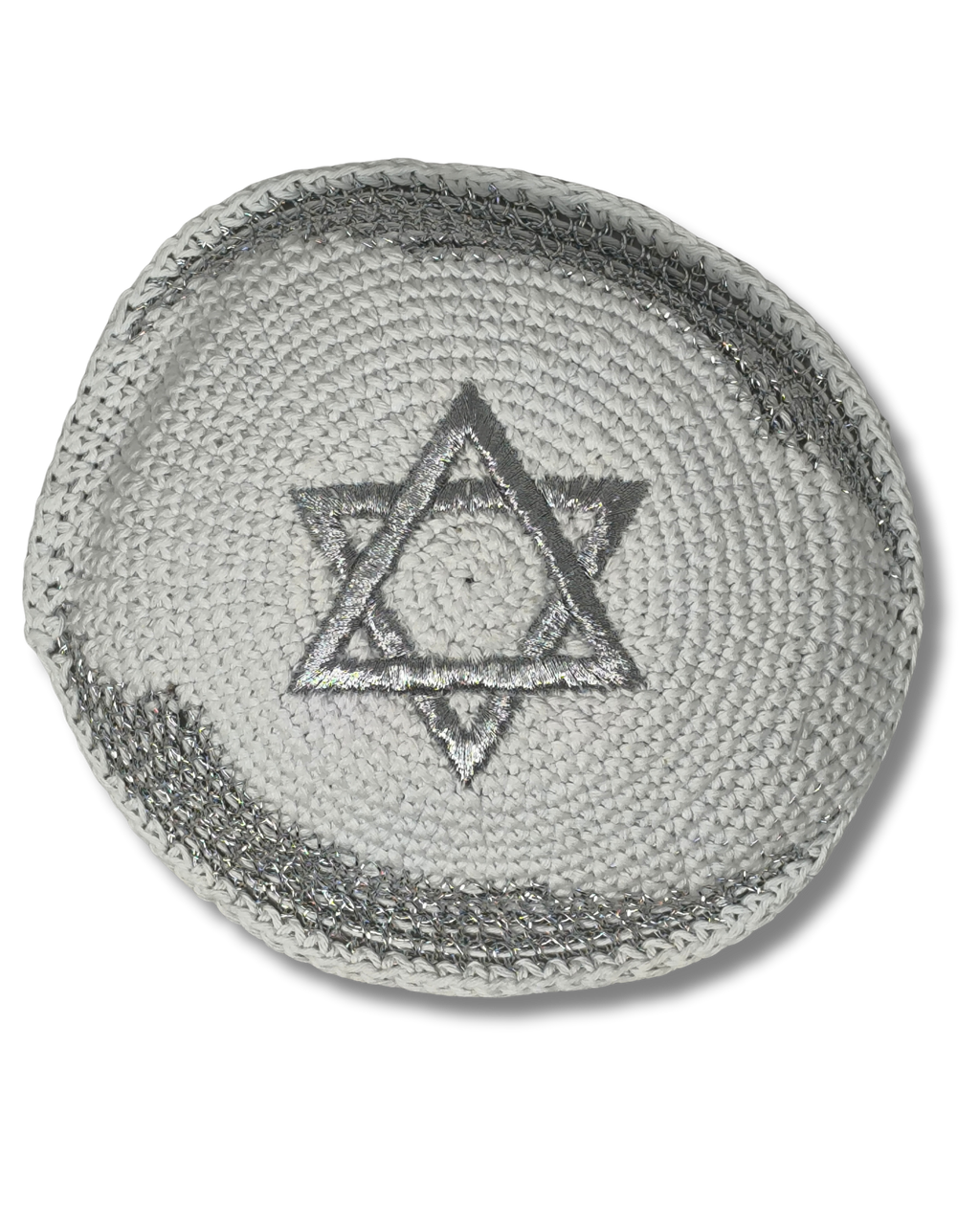 Kipá Blanca Tejida con Bordado Plateado de la Bandera de Israel, 16673