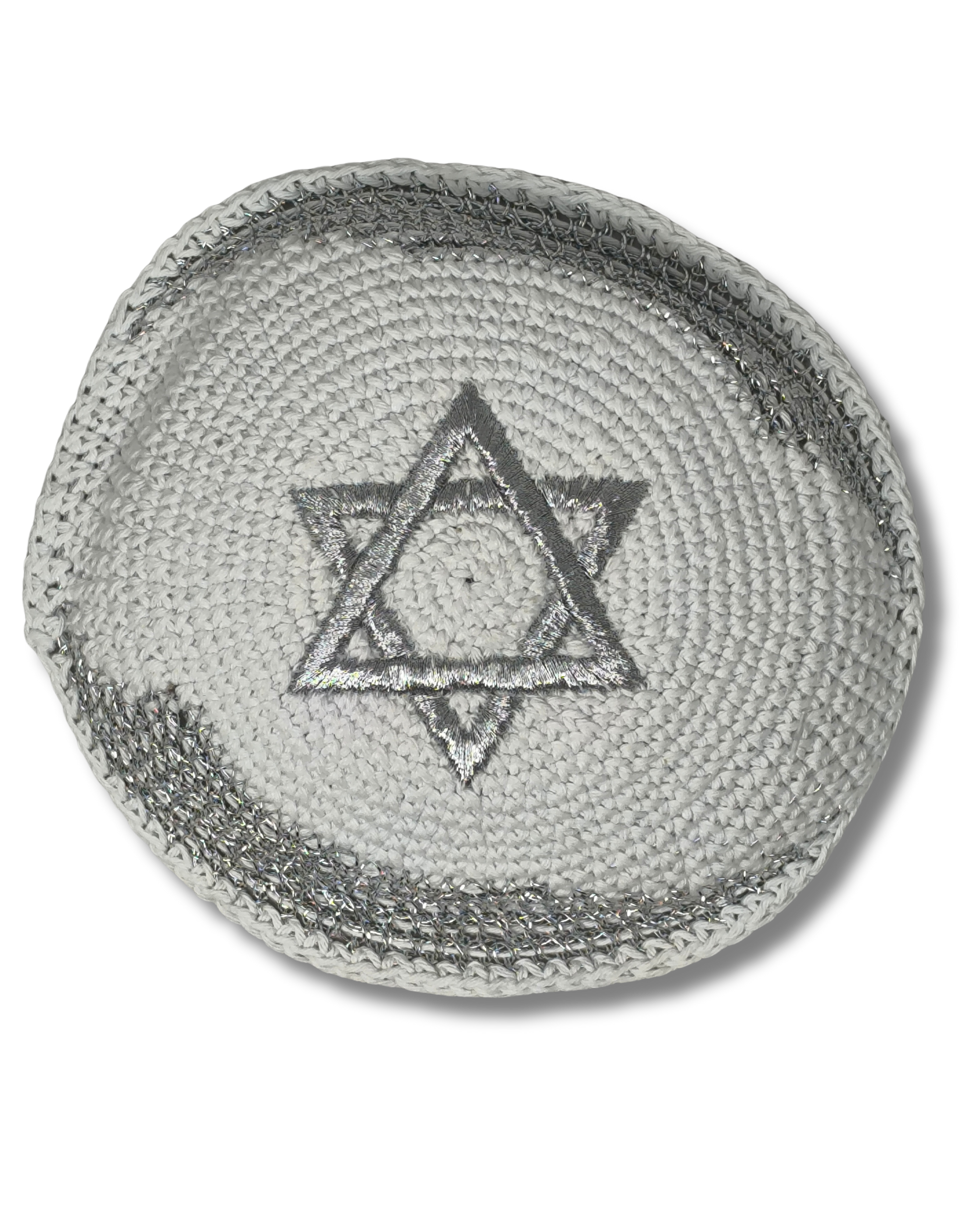 Kipá Blanca Tejida con Bordado Plateado de la Bandera de Israel, 16673