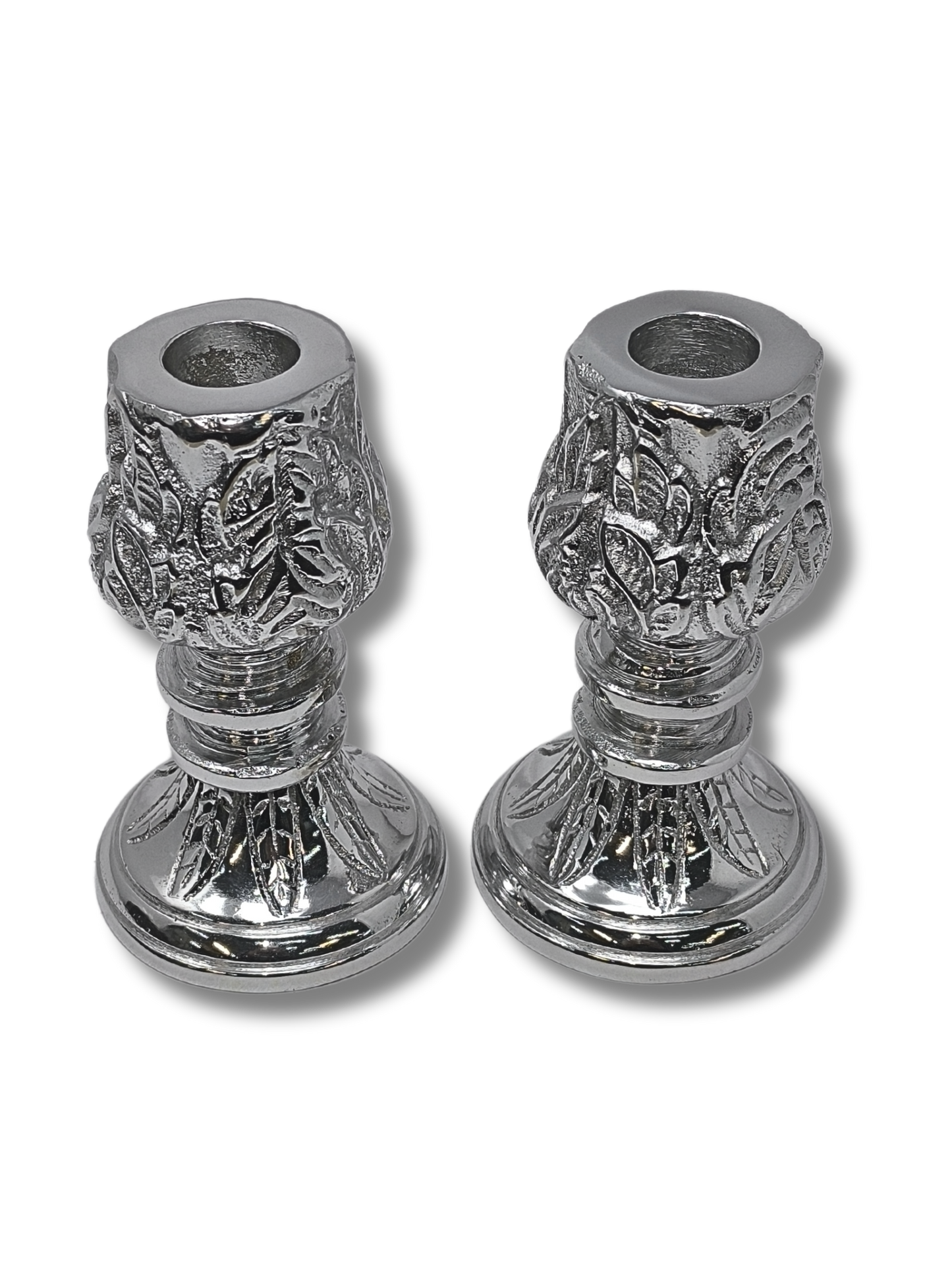 Small Pewter Shabbat Candlesticks Flower 18812