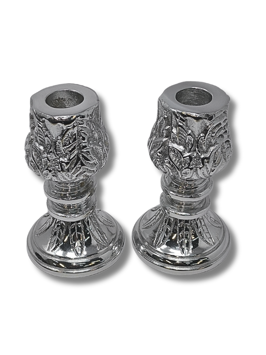 Small Pewter Shabbat Candlesticks Flower 18812