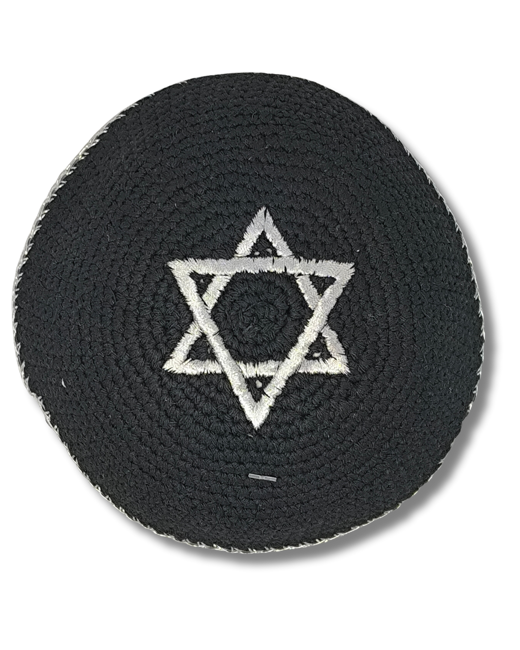 Kipá Tejida Negra con Bordado Plateado de Maguén David – 16 cm, 16304