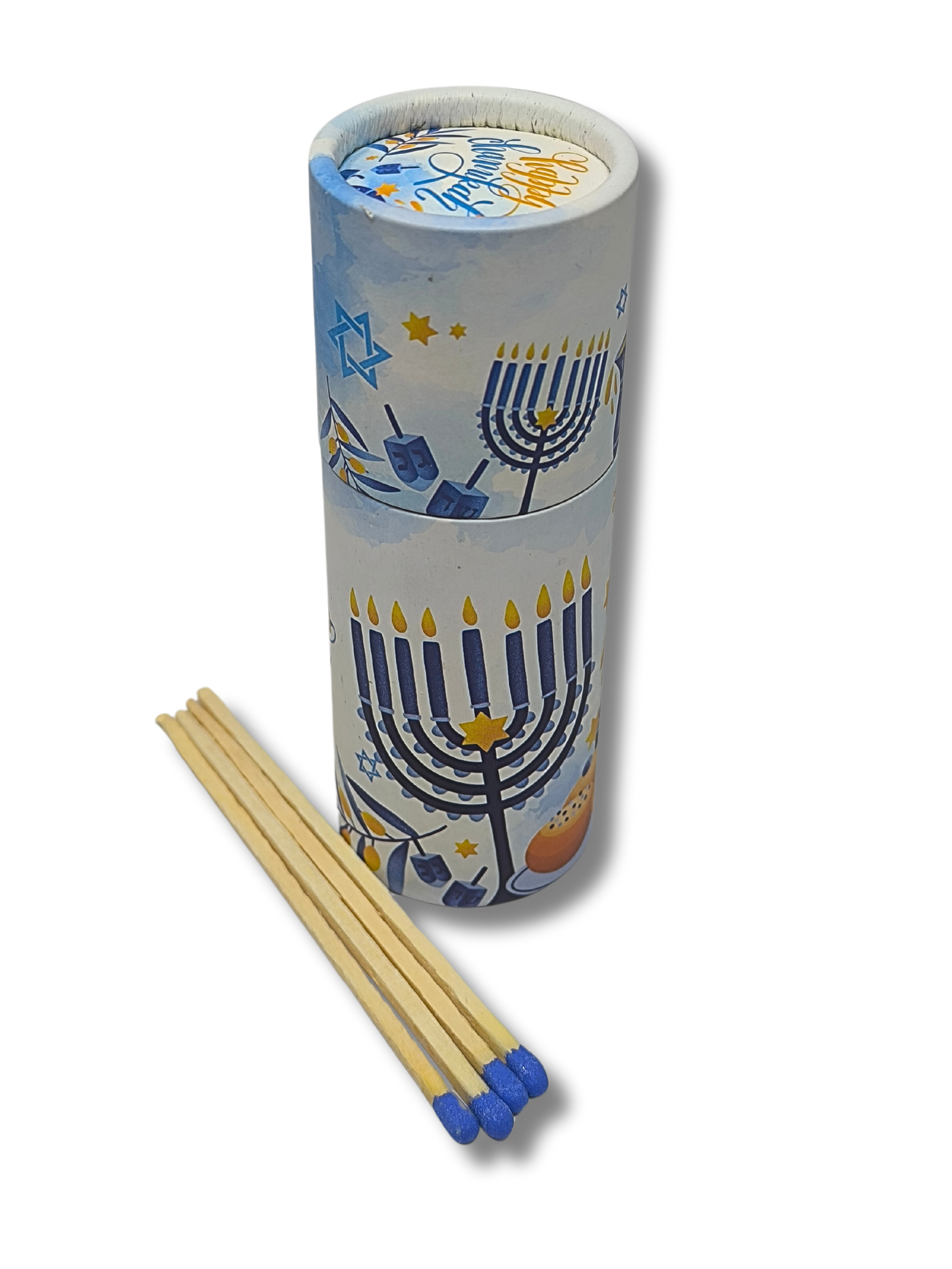 Cylindrical box with 40 extra-long matches, Hanukkah design 25073