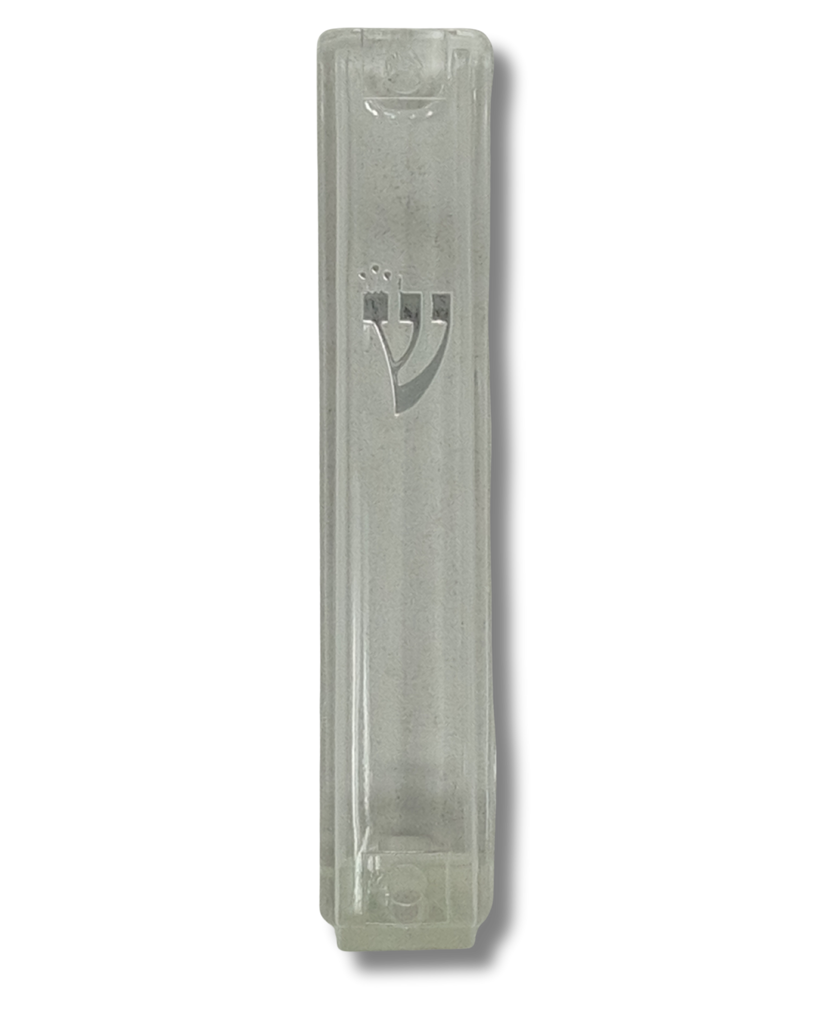 Estuche para Mezuzá transparente de plástico con corcho de goma – 7 cm con Shin plateado, 20873