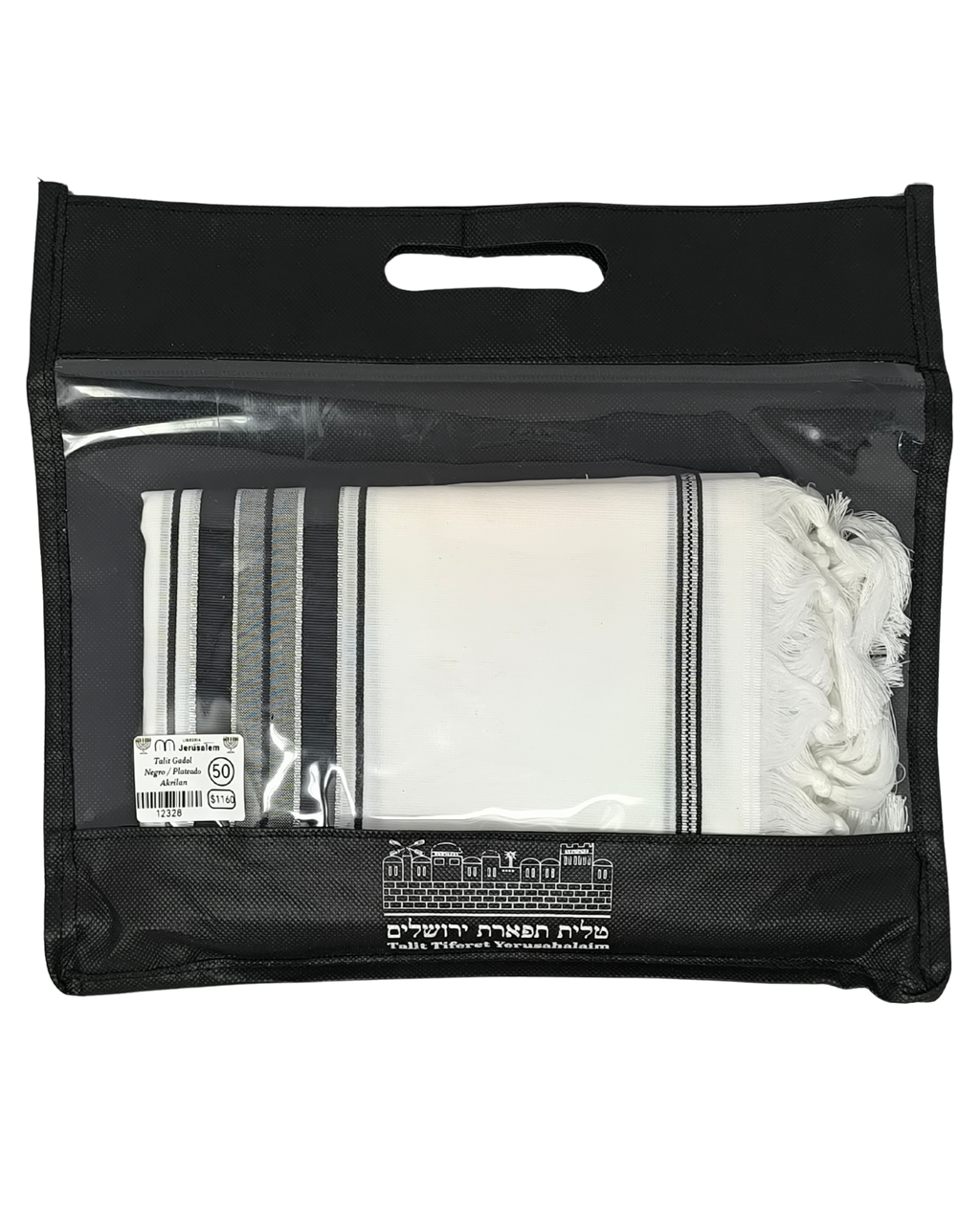 Talit gadol akrilan Negro con Plateado