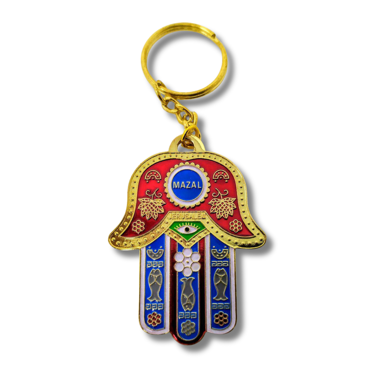 Llavero Hamsa, Rojo con Celeste grande Mazal 35444