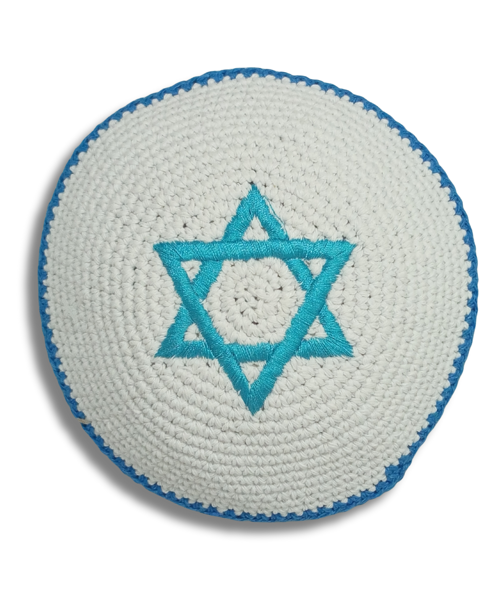 Kipá Tejida Blanca con Bordado Azul de Maguén David – 16 cm, 16370