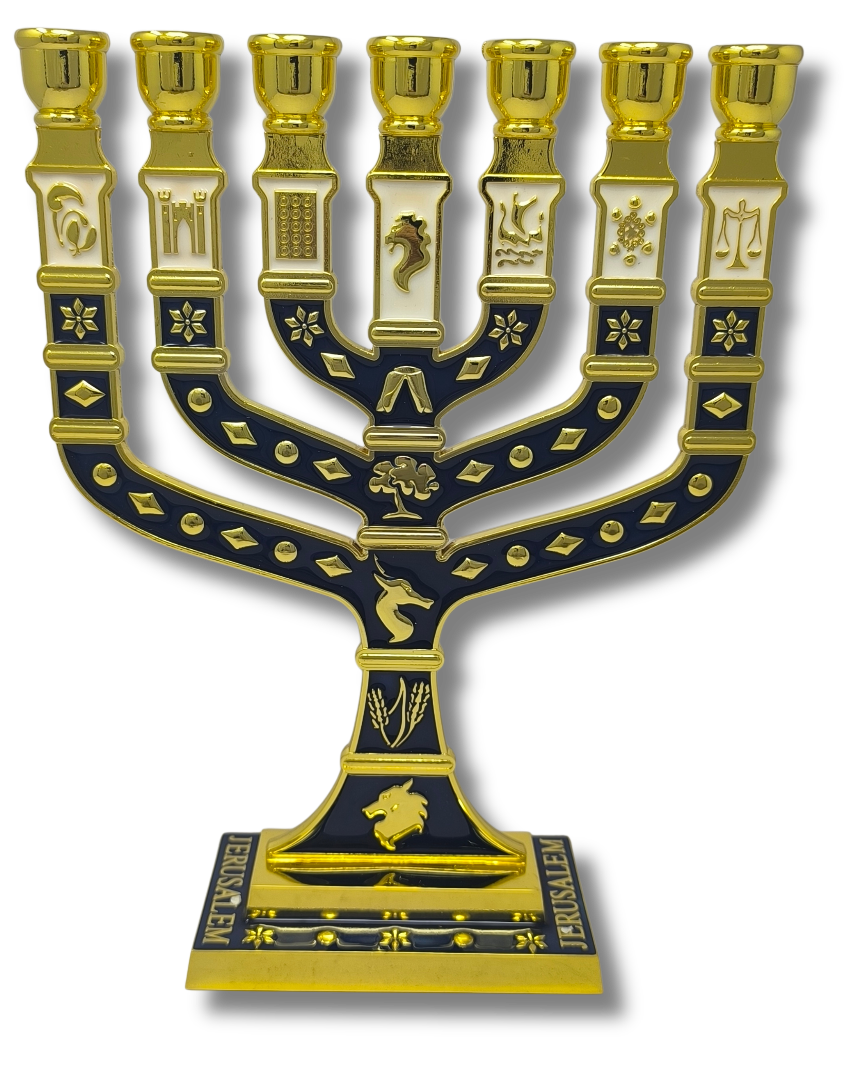 Menorah 7 arms 12 tribes Tiferet Yerushalaim 27 cm golden blue 96143