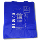 Bolsa azul de Librería Jerusalem con diseño impreso claro, de 40 cm de alto por 34 cm de ancho.