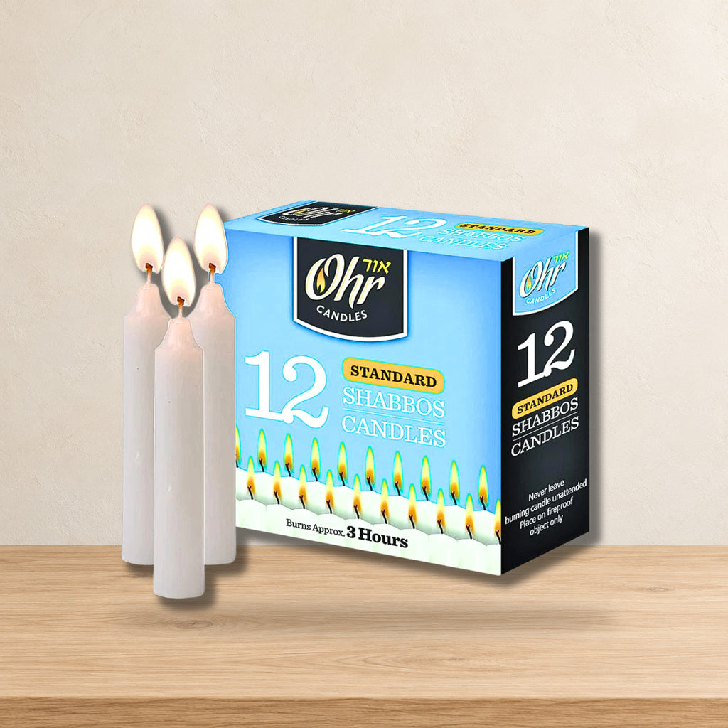 Velas para shabat 3 horas standard (caja de 12 pzs.) 26013 — ambientación en estudio claro