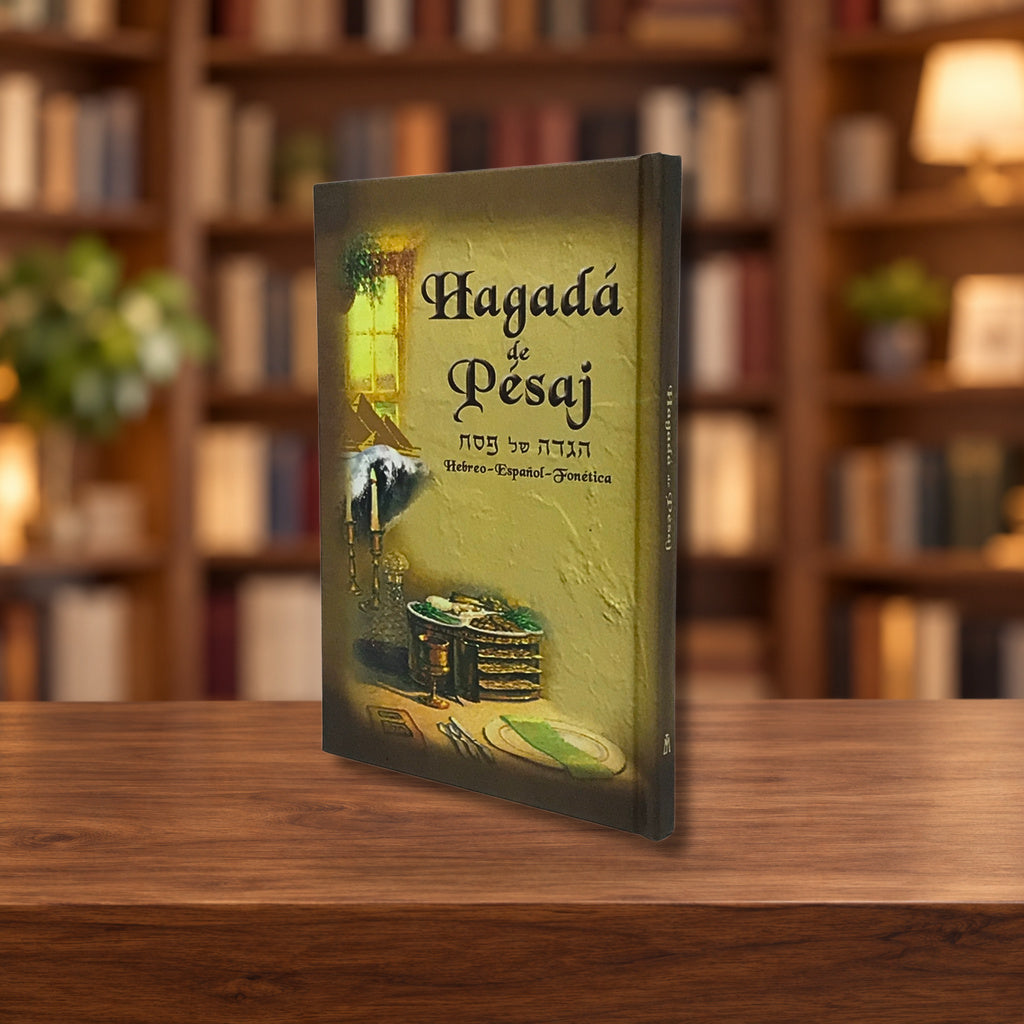 Hagada de Pesaj editorial pasta dura hebreo, español y fonética — ambientación en biblioteca