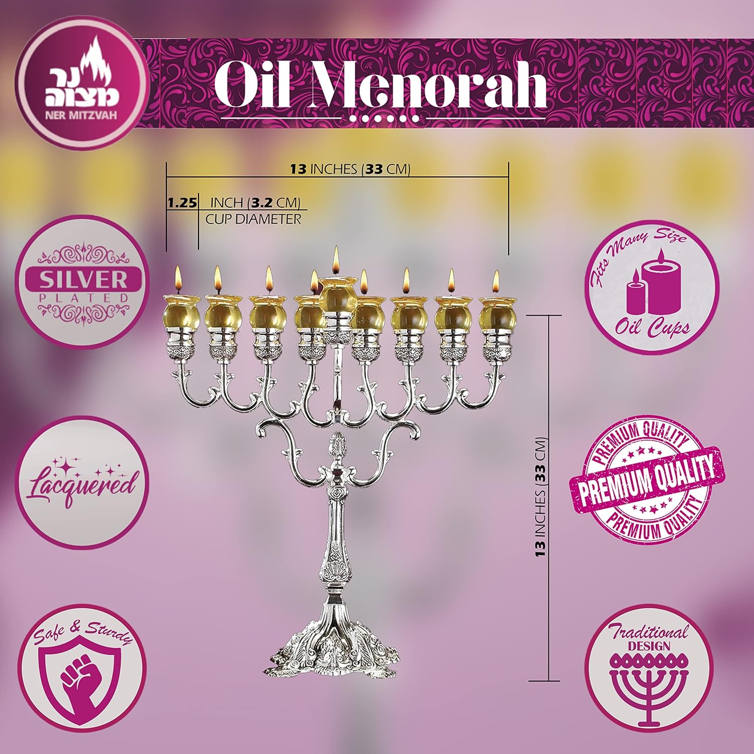 Janukia 9 brazos Oil Menorah para vasos Mod. 30219