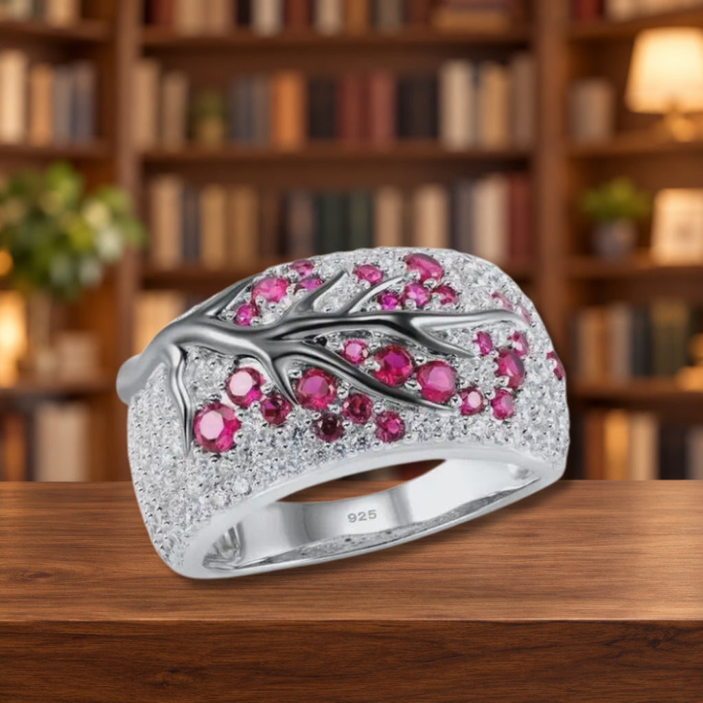 Anillo Arbol de la Vida Rosa talla 6 — ambientación en biblioteca