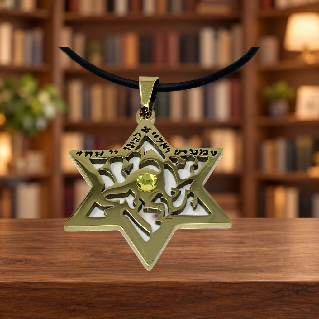 Collar Shema israel de maguen david con brillante 11177 — ambientación en biblioteca