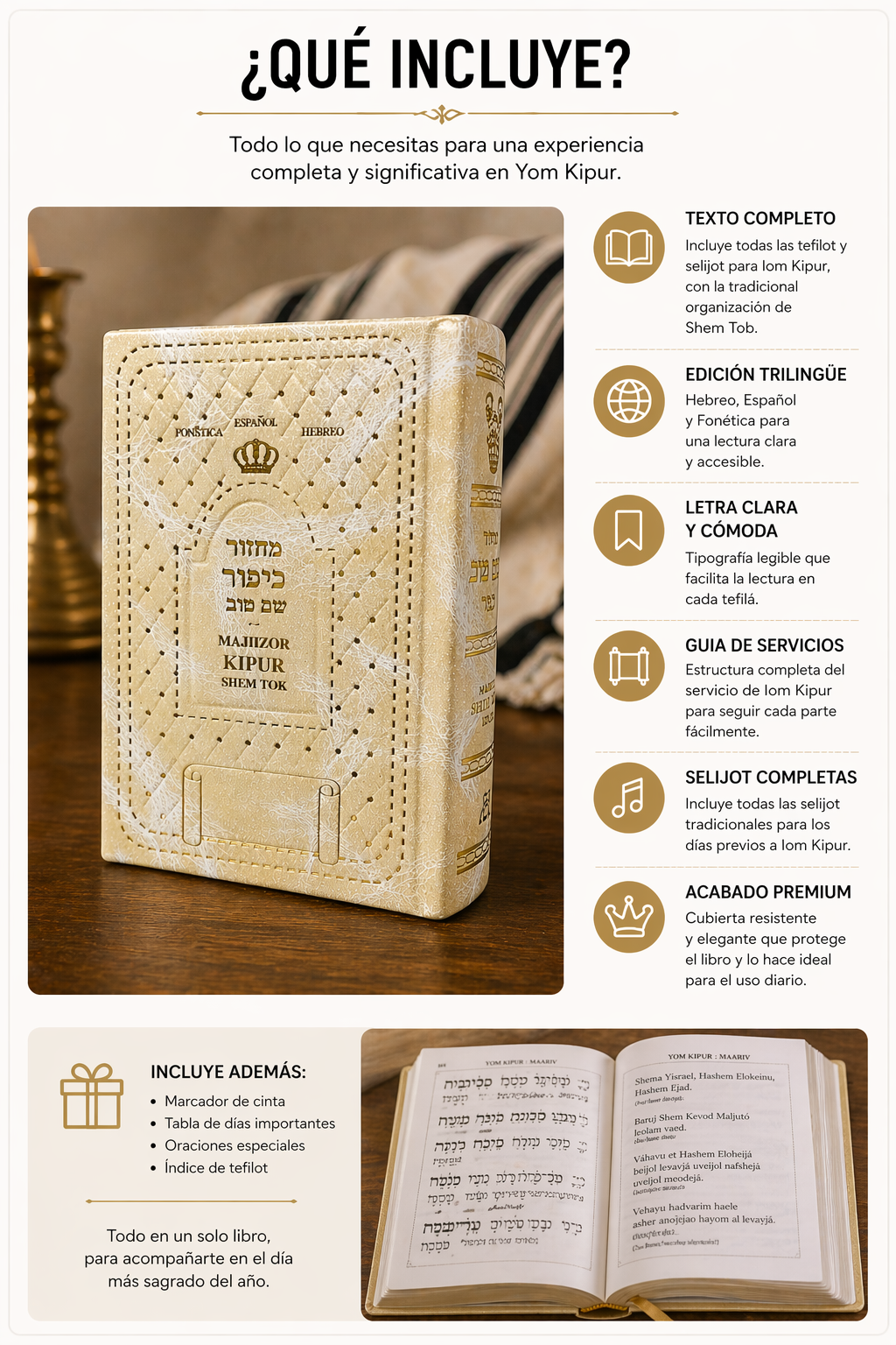 “Majzor de Yom Kipur bilingüe hebreo-español | Edición Shem Tov elegante tipo cuero | Ideal para sinagoga y regalo”