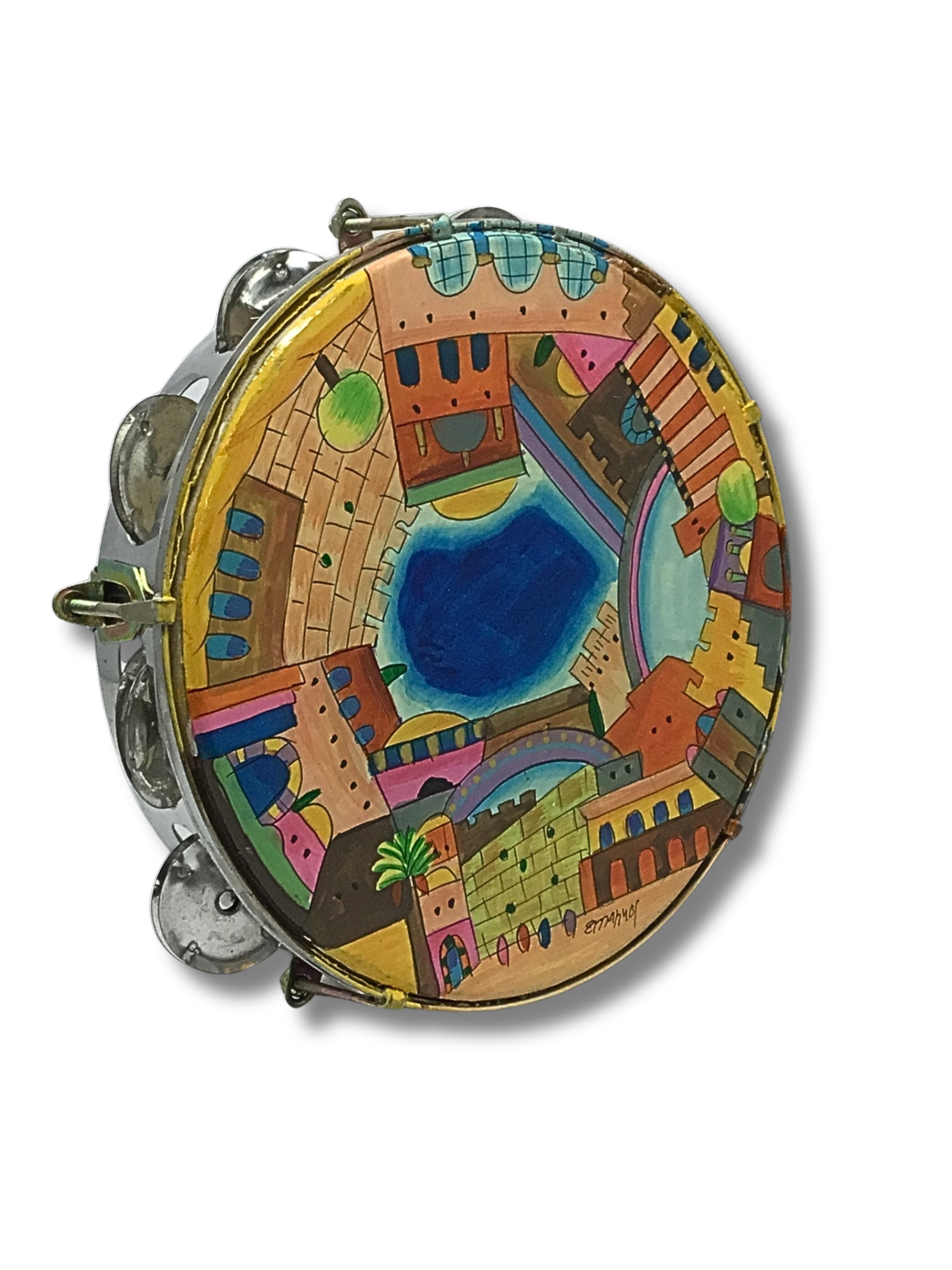 Pandero de artista pintado a mano cuero Ciudad de Jerusalem
