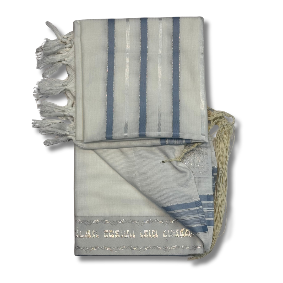 Tallit Gadol Akrilan non-slip size 60 light blue with silver 12176