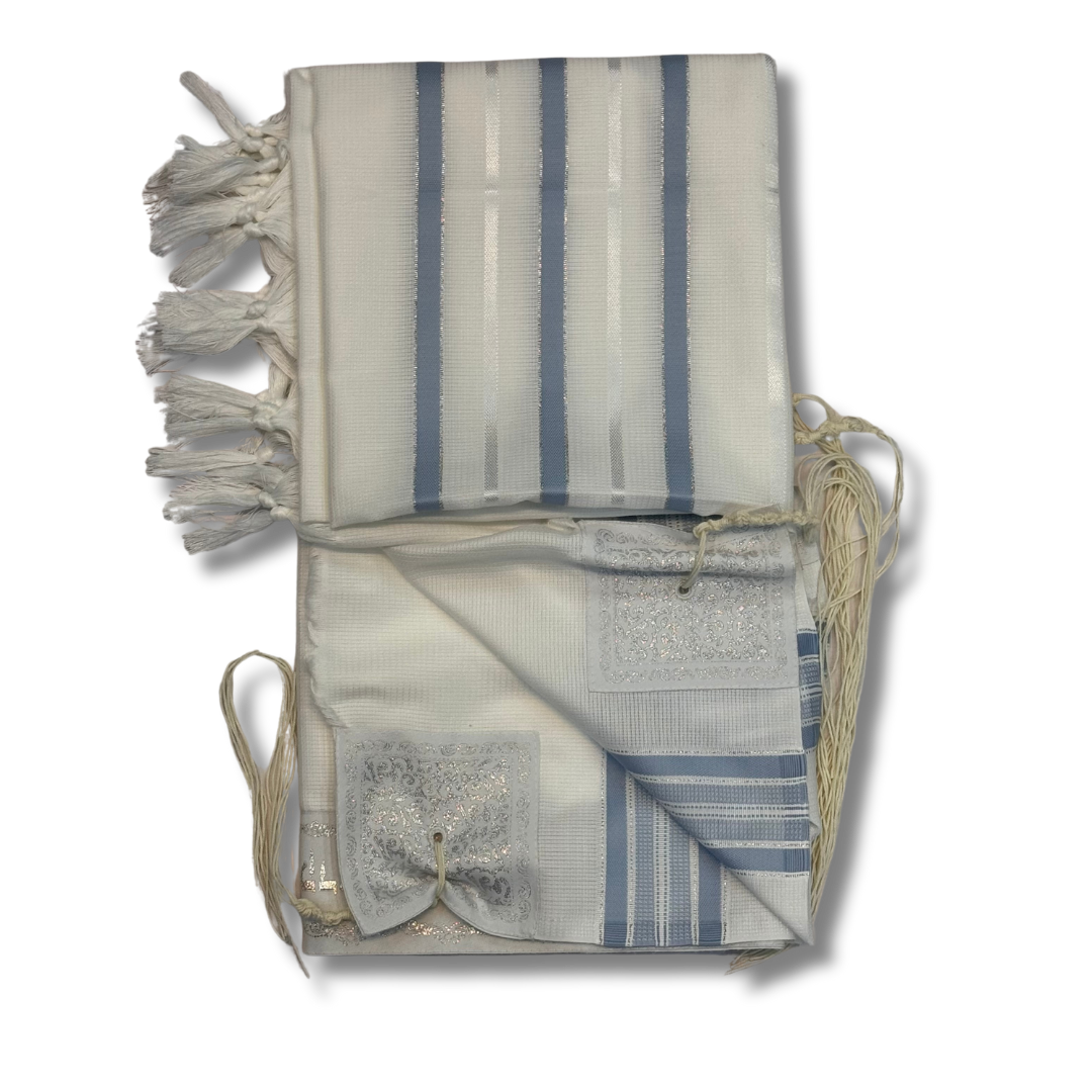 Tallit Gadol Akrilan non-slip size 55 light blue with silver 12175