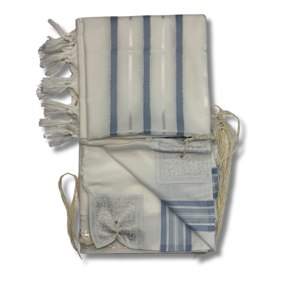 Tallit Gadol Akrilan non-slip size 60 light blue with silver 12176