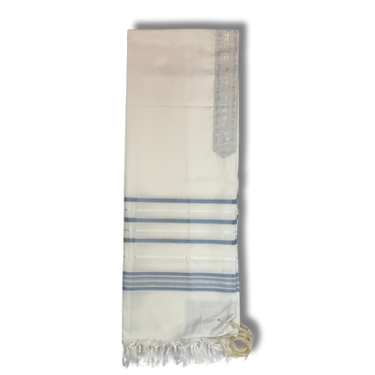 Tallit Gadol Akrilan non-slip size 55 light blue with silver 12175