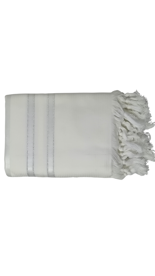 Tallit Gadol Cotton Size 55 White / Silver Stripes Non-Slip TY 11471