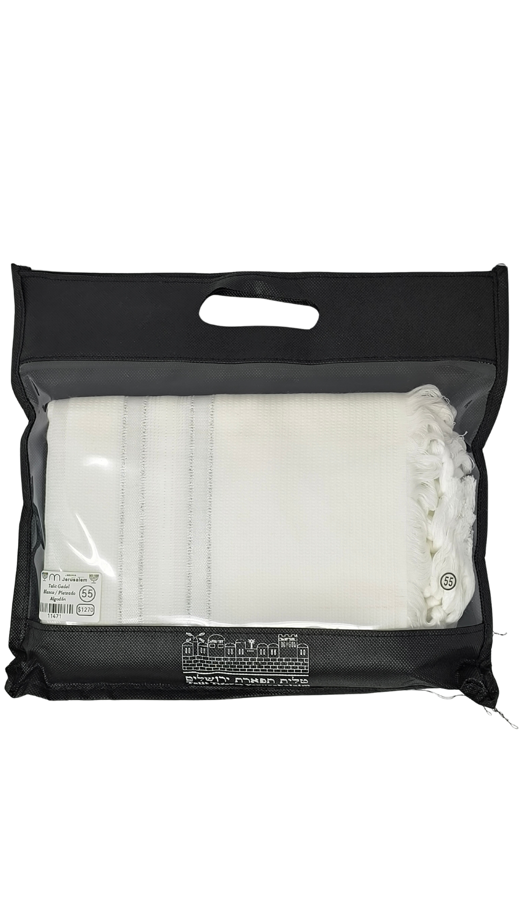 Talit Gadol Algodón Talla 60 Blanco / Franjas plata Antideslizante TY