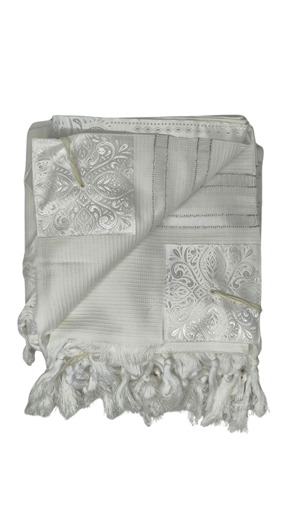 Tallit Gadol Cotton Size 55 White / Silver Stripes Non-Slip TY 11471