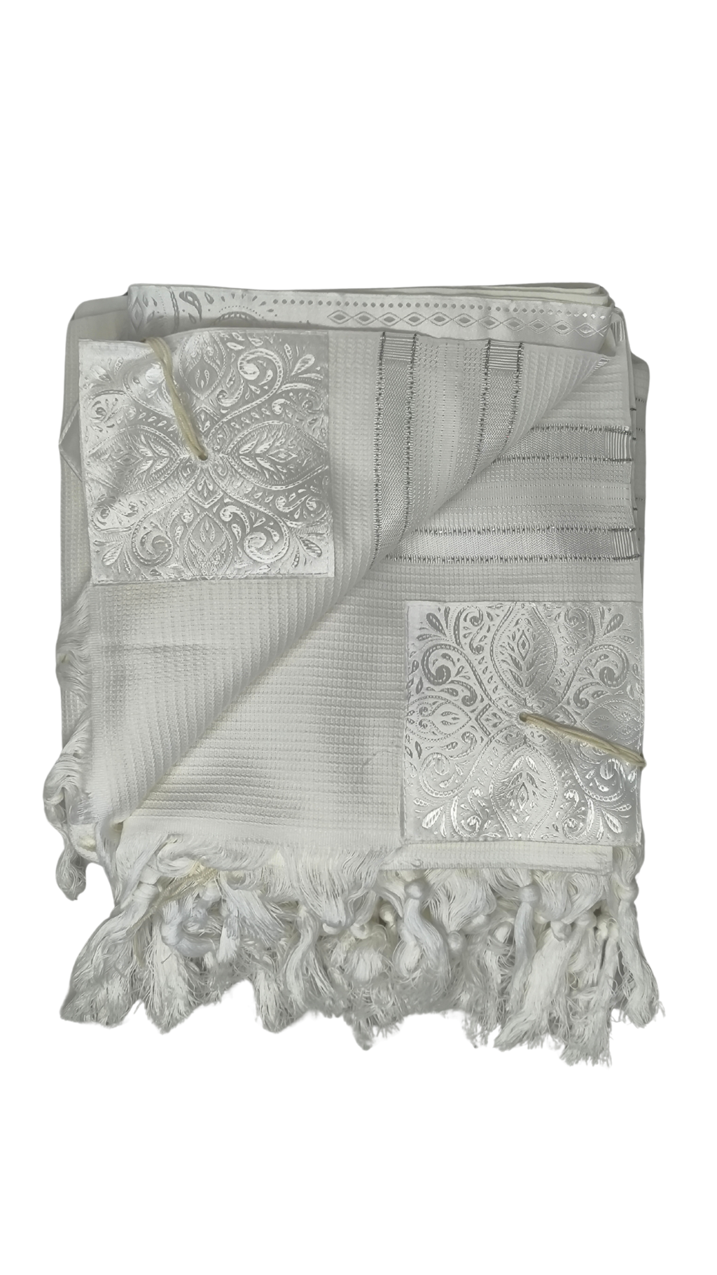 Talit Gadol Algodón Talla 60 Blanco / Franjas plata Antideslizante TY