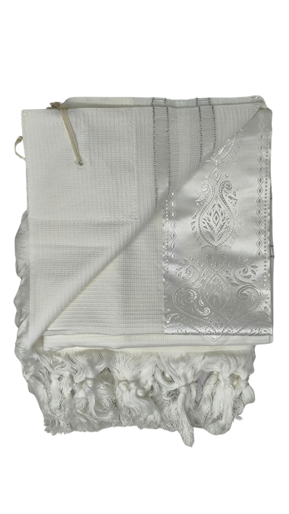 Tallit Gadol Cotton Size 55 White / Silver Stripes Non-Slip TY 11471