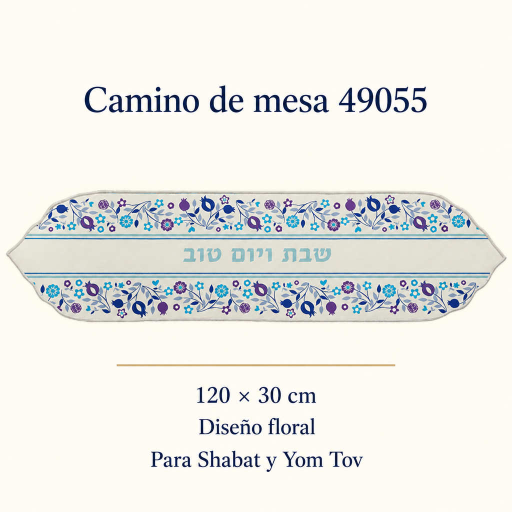 Ficha visual del camino de mesa 49055, diseño floral de 120 × 30 cm.