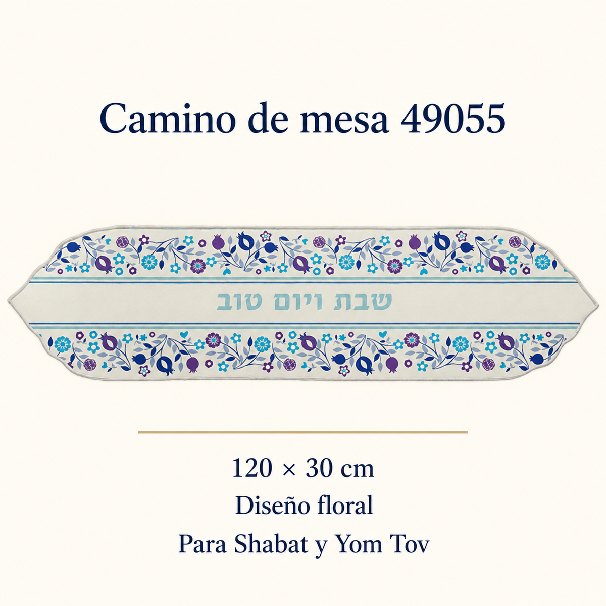 Ficha visual del camino de mesa 49055, diseño floral de 120 × 30 cm.