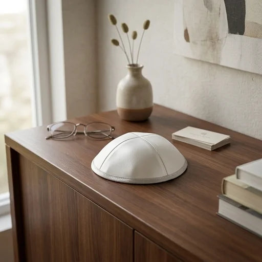 Kipá de satín blanca con borde plateado, modelo 00321; fotografía de presentación del fabricante