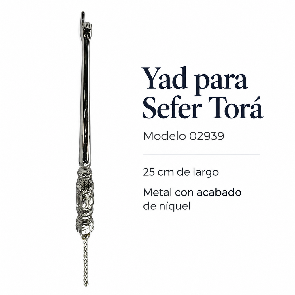 Yad metálico con punta de mano, mango grabado y cadena, modelo 02939 de 25 cm; ficha de características